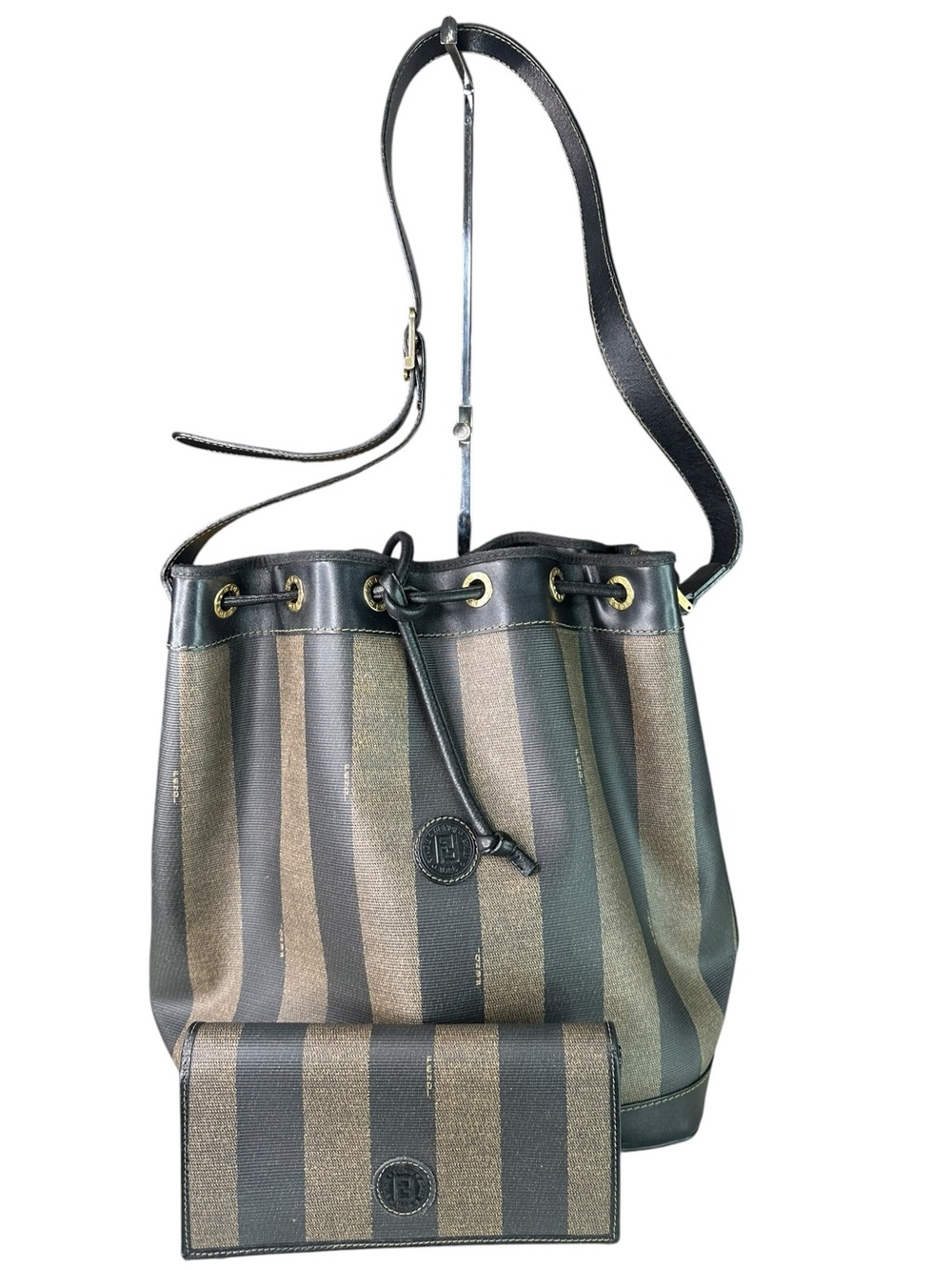 Fendi Brown & Black Striped penguin bucket bag  with Wallet bundle